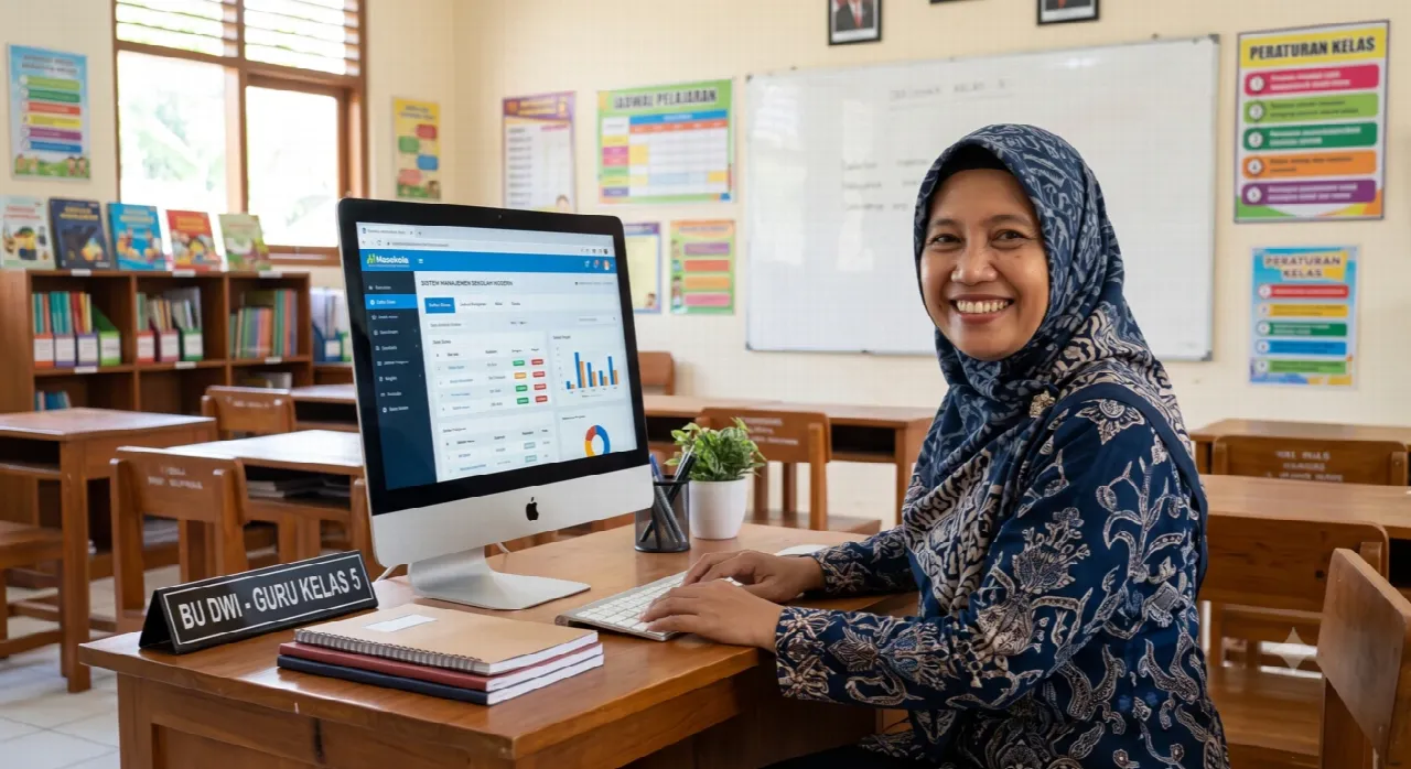 Guru mengisi kehadiran dan nilai di meja kerjanya di ruang kelas.