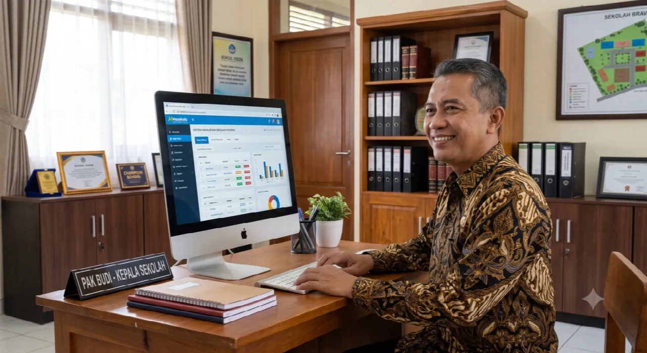 Kepala sekolah meninjau dasbor Masekola di ruang kerjanya.