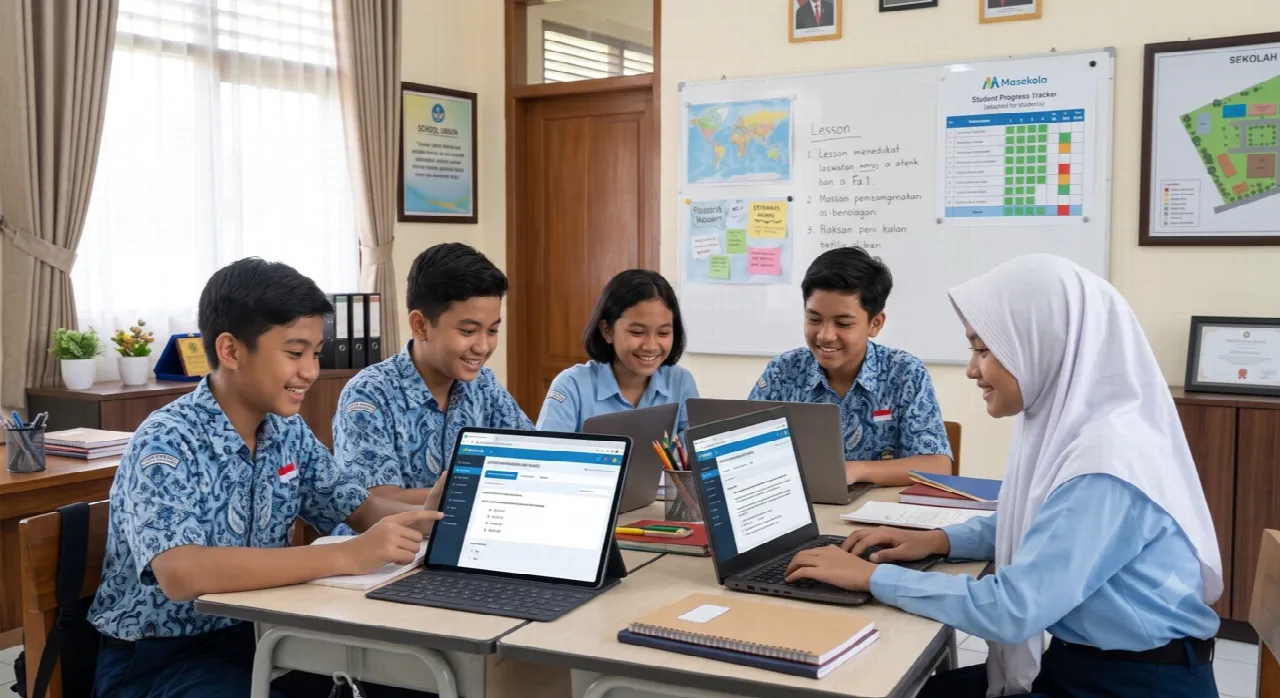 Siswa mengerjakan tugas bersama melalui portal Masekola di kelas.